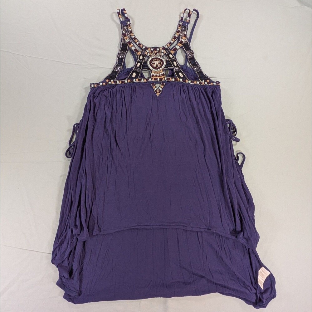 Free People Vision Quest Beaded And Embroidered Purple Tunic Top Size Small